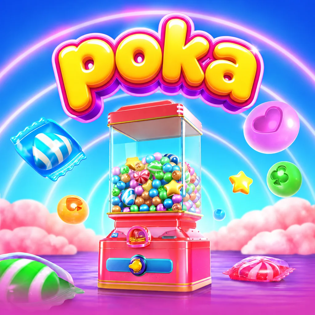 Mesin permen warna-warni berlatar pelangi dalam Candy Superwin berlogo poka
